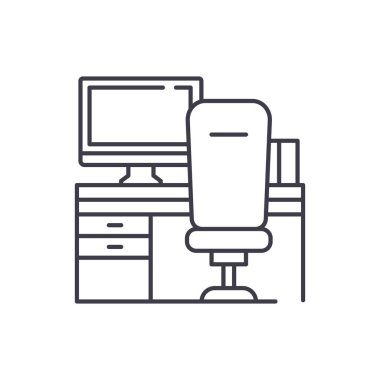 İşyeri bilgisayar ve sandalye satırı simgesi konsepti ile. Çalışma alanı ile bilgisayar ve sandalye vektör lineer illüstrasyon, sembol, işareti