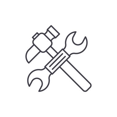 İngiliz anahtarı ve çekiç satırı simgesi kavramı. İngiliz anahtarı ve çekiç vektör lineer illüstrasyon, sembol, işareti