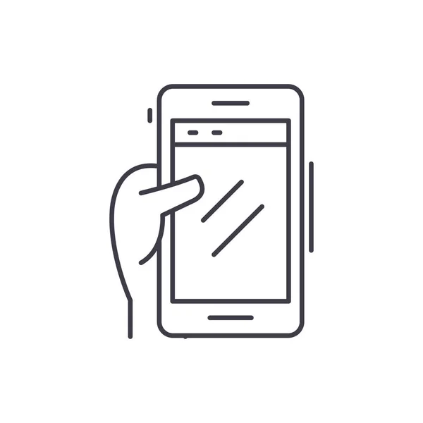 Smartphone en concepto de icono de línea de mano. Smartphone en la mano vector lineal ilustración, símbolo, signo — Vector de stock