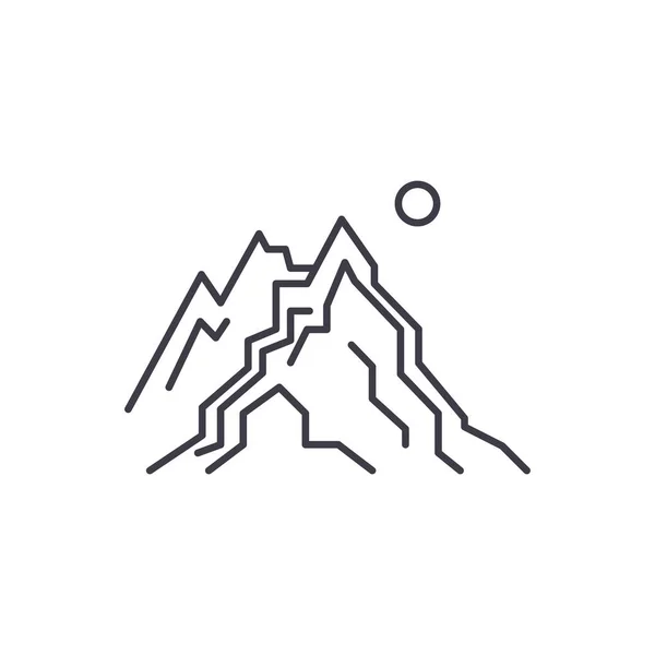 O conceito de ícone de linha de montanhas. A ilustração linear de vetor de montanhas, símbolo, sinal — Vetor de Stock
