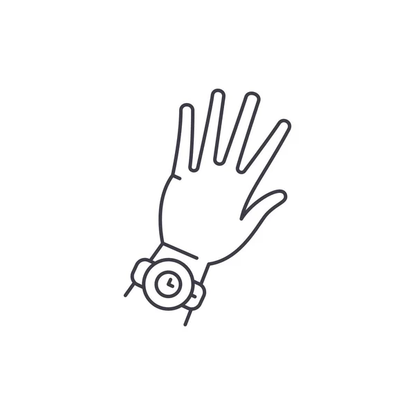 Watch on Hand Line Icon-Konzept. Uhr am Handvektor lineare Illustration, Symbol, Zeichen — Stockvektor