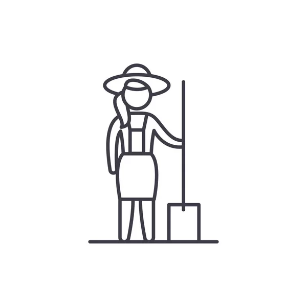 Nő farmer ikon koncepciójában. Nő gazda-vektor lineáris illusztráció, szimbólum, jel — Stock Vector