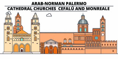 Arap-Norman Palermo - katedral kilise - Cefalu ve Monreale satır seyahat landmark, manzarası, vektör tasarımı. Arap-Norman Palermo - katedral kilise - Cefalu ve Monreale doğrusal illüstrasyon. 