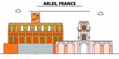 Arles, Roma ve Romanesk anıtlar satır seyahat landmark, manzarası, vektör tasarımı. Arles, Roma ve Romanesk anıtlar doğrusal illüstrasyon. 