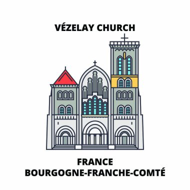 Fransa, Bourgogne-Franche-Comte - Vezelay, kilise ve tepe hattı seyahat landmark, manzarası, tasarım vektör. Fransa, Bourgogne-Franche-Comte - Vezelay, kilise ve Hill doğrusal illüstrasyon. 