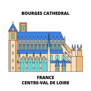 Fransa, merkezi-Val De Loire - Bourges Katedrali satır seyahat landmark, manzarası, vektör tasarım. Fransa, merkezi-Val De Loire - Bourges Katedrali doğrusal illüstrasyon. 