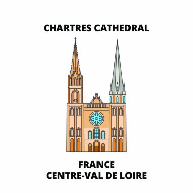 Fransa, merkezi-Val De Loire - Chartres Katedrali satır seyahat landmark, manzarası, vektör tasarım. Fransa, merkezi-Val De Loire - Chartres Katedrali doğrusal illüstrasyon. 