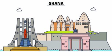 Ghana düz seyahat silüeti seti. Gana siyah şehir vektör illüstrasyon, sembol, seyahat sights, Simgesel yapılar.