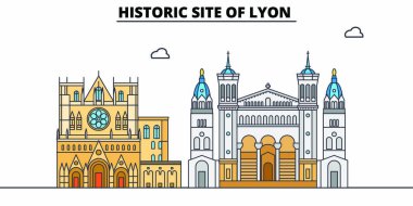 Tarihi Lyon Site hattı seyahat Simgesel Yapı, manzarası, vektör tasarımı. Tarihi Lyon Site doğrusal illüstrasyon. 