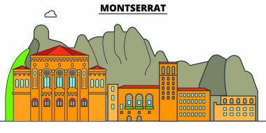 Montserrat düz seyahat silüeti seti. Montserrat siyah şehir vektör illüstrasyon, sembol, seyahat sights, Simgesel yapılar.