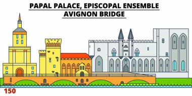  Papalık Sarayı, piskoposluk Ensemble - Avignon Köprüsü satır seyahat landmark, manzarası, tasarım vektör. Papalık Sarayı, piskoposluk Ensemble - Avignon Köprüsü doğrusal illüstrasyon. 