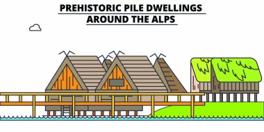 Prehistoric Pile Dwellings - Around The Alps  line travel landmark, skyline, vector design. Prehistoric Pile Dwellings - Around The Alps  linear illustration.  clipart