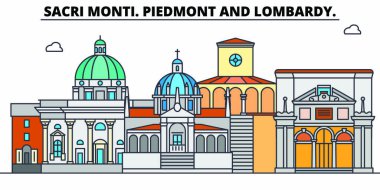Sacri Monti. Piedmont ve Lombardiya satır seyahat landmark, manzarası, vektör tasarımı. Sacri Monti. Piedmont ve Lombardiya doğrusal illüstrasyon. 