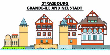 Strasbourg - Grande-Ile ve Neustadt satır seyahat landmark, manzarası, vektör tasarımı. Strasbourg - Grande-Ile ve Neustadt doğrusal illüstrasyon. 