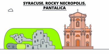 Syracuse. Kayalık nekropol - Pantalica satırı seyahat landmark, manzarası, vektör tasarımı. Syracuse. Kayalık nekropol - Pantalica doğrusal illüstrasyon. 