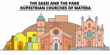 Sassi ve parkta..... Rupestrian kiliseler Matera satır seyahat landmark, manzarası, vektör tasarımı. Parkta--ve Sassi Matera Rupestrian kiliseler doğrusal illüstrasyon. 