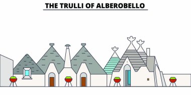 Trulli Alberobello satır seyahat landmark, manzarası, vektör tasarımı. Alberobello Trulli doğrusal illüstrasyon. 