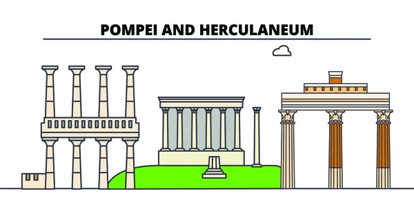 Áreas arqueológicas de Pompeya-Herculano y Torre Annunziata línea de viaje hito, horizonte, diseño de vectores. Áreas arqueológicas de Pompeya-Herculano y Torre Annunziata ilustración lineal . — Vector de stock