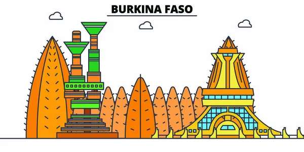 Burkina Faso plano horizonte de viaje conjunto. Burkina Faso vector negro de la ciudad ilustración, símbolo, lugares de interés turístico, lugares de interés . — Vector de stock