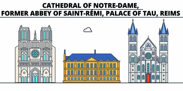Katedrála Notre-Dame, bývalé opatství Saint-Remi, palác Tau, R line cestování mezník, Panorama vektorová design — Stockový vektor