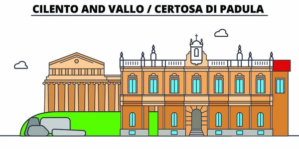Cilento e Vallo - Certosa Di Padula linha de viagem marco, horizonte, design vetorial. Cilento e Vallo - Certosa Di Padula ilustração linear . — Vetor de Stock