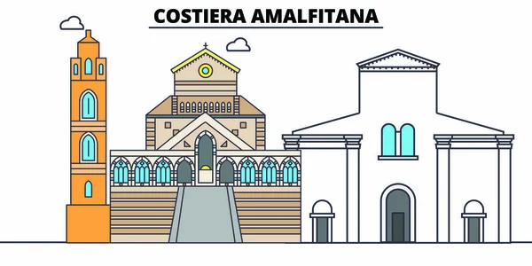 Costiera Amalfitana line travel landmark, skyline, vector design. Costiera Amalfitana illustrazione lineare . — Vettoriale Stock