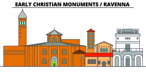 Monumentos cristianos primitivos - Ravenne línea de viaje hito, horizonte, diseño de vectores. Monumentos cristianos primitivos - Ilustración lineal de Rávena . — Archivo Imágenes Vectoriales