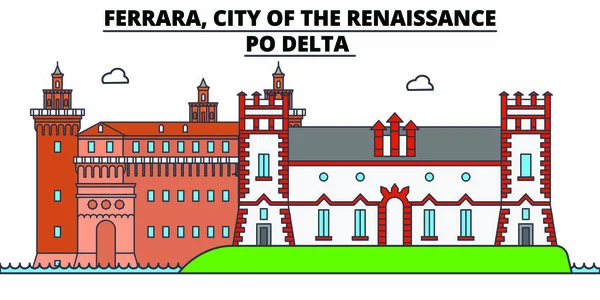 Ferrare, ville de la Renaissance - point de repère de voyage de la ligne Delta du Pô, horizon, design vectoriel. Ferrare, ville de la Renaissance - Illustration linéaire du Delta du Pô . — Image vectorielle