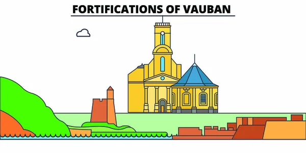 Fortificazioni della linea Vauban punto di riferimento di viaggio, skyline, progettazione vettoriale. Fortificazioni di Vauban illustrazione lineare . — Vettoriale Stock