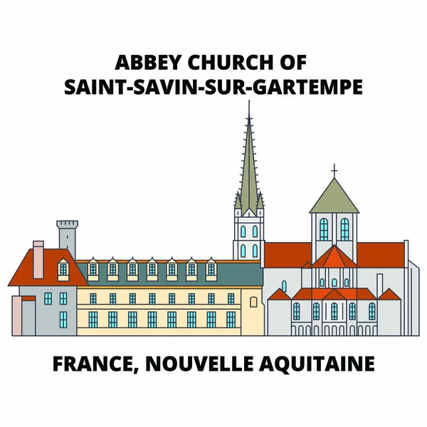 Francia, Nouvelle Aquitaine - Abbey Church Of Saint-Savin-Sur-Gartempe line travel landmark, skyline vector design — Vettoriale Stock