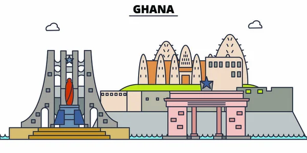 Ghana plano horizonte de viaje conjunto. Ghana vector de la ciudad negra ilustración, símbolo, lugares de interés, lugares de interés . — Vector de stock
