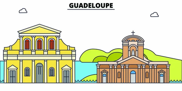 Guadeloupe voyage plat skyline ensemble. Guadeloupe ville noire vecteur illustration, symbole, sites touristiques, points de repère . — Image vectorielle