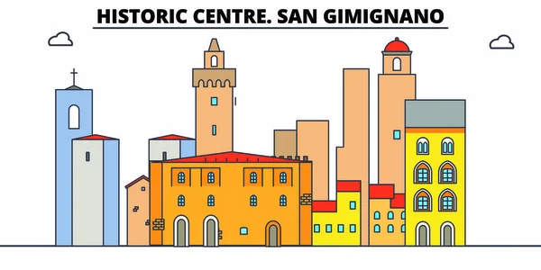Tarihi merkezi. San Gimignano satır seyahat landmark, manzarası, vektör tasarımı. Tarihi merkezi. San Gimignano doğrusal illüstrasyon. — Stok Vektör