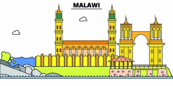 Malawi skyline plano de viaje conjunto. Malawi vector negro de la ciudad ilustración, símbolo, lugares de interés turístico, lugares de interés . — Vector de stock