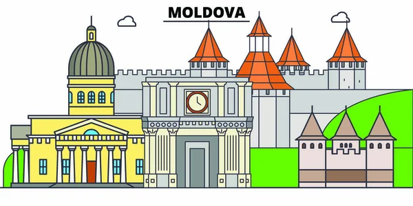 Moldova düz seyahat silüeti seti. Moldova siyah şehir vektör illüstrasyon, sembol, seyahat sights, Simgesel yapılar. — Stok Vektör