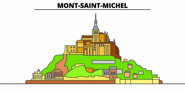 Линия Мон-Сен-Мишель и ее залив - достопримечательность, горизонт, векторный дизайн. Мон-Сен-Мишель и его залив . — стоковый вектор