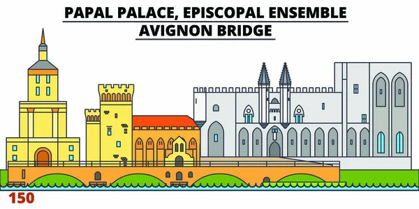 Palais pontifical, ensemble épiscopal - Avignon Bridge line travel landmark, skyline, vector design. Palais pontifical, Ensemble épiscopal - Pont d'Avignon illustration linéaire . — Image vectorielle
