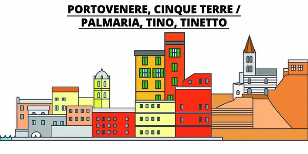 Portovenere, Cinque Terre - Palmaria, Tino, Tinetto line travel landmark, skyline, vector design. Portovenere, Cinque Terre - Palmaria, Tino, Tinetto linear illustration. — Stockvector