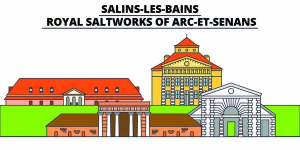 Salins-les-bains - königliche Salinen von Arc-et-senans säumen Reisedenkmal, Skyline, Vektordesign. salins-les-bains - königliche Salinen von arc-et-senans lineare Illustration. — Stockvektor