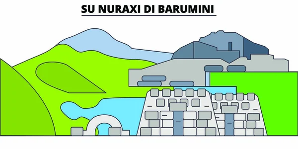 Su Nuraxi Di Barumini linii podróży landmark, skyline, wektor wzór. Su Nuraxi Di Barumini ilustracja liniowa. — Wektor stockowy