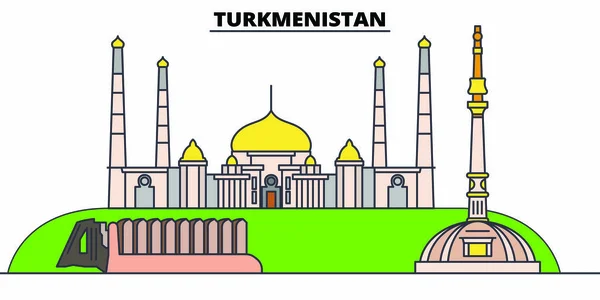 Turkménistan horizon de voyage plat ensemble. Turkménistan ville noire vecteur illustration, symbole, sites touristiques, points de repère . — Image vectorielle