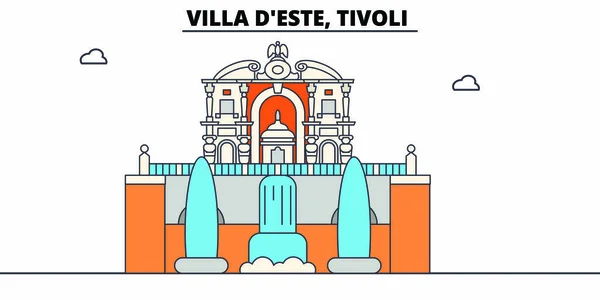 Villa D este, Tivoli línea de viaje hito, horizonte, diseño de vectores. Villa D este, ilustración lineal de Tivoli . — Vector de stock