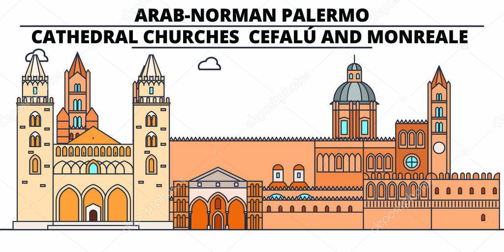 Arab-Norman Palermo - Cathedral Churches - CefalU And Monreale  line travel landmark, skyline, vector design. Arab-Norman Palermo - Cathedral Churches - CefalU And Monreale  linear illustration. 