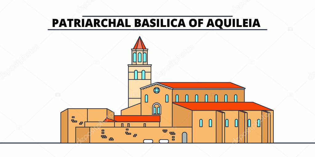 Archaeological Area -Patriarchal Basilica Of Aquileia  line travel landmark, skyline, vector design. Archaeological Area -Patriarchal Basilica Of Aquileia  linear illustration. 