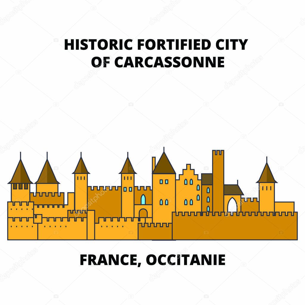 France, Occitanie - Historic Fortified City Of Carcassonne line travel landmark, skyline, vector design. France, Occitanie - Historic Fortified City Of Carcassonne linear illustration. 