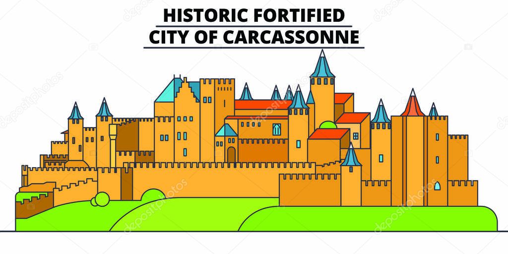 Historic Fortified - City Of Carcassonne  line travel landmark, skyline, vector design. Historic Fortified - City Of Carcassonne  linear illustration. 