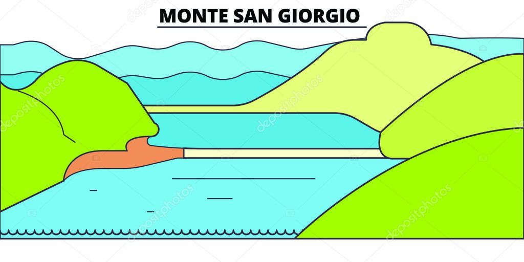 Monte San Giorgio  line travel landmark, skyline, vector design. Monte San Giorgio  linear illustration. 