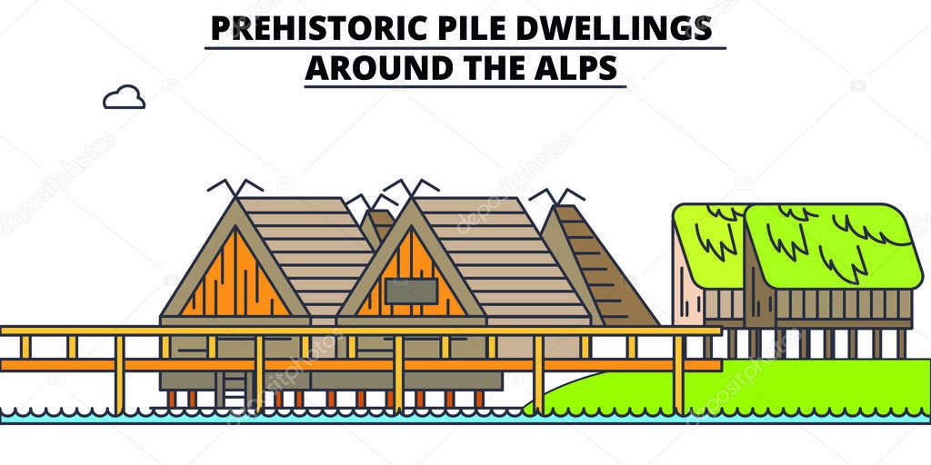 Prehistoric Pile Dwellings - Around The Alps  line travel landmark, skyline, vector design. Prehistoric Pile Dwellings - Around The Alps  linear illustration. 