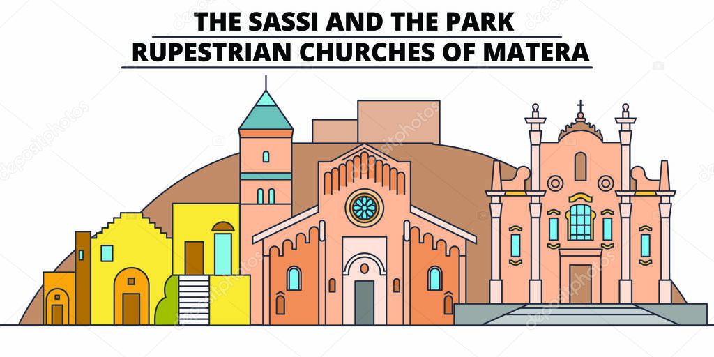 The Sassi And The Park - - Rupestrian Churches Of Matera line travel landmark, skyline, vector design. The Sassi And The Park - - Rupestrian Churches Of Matera linear illustration. 