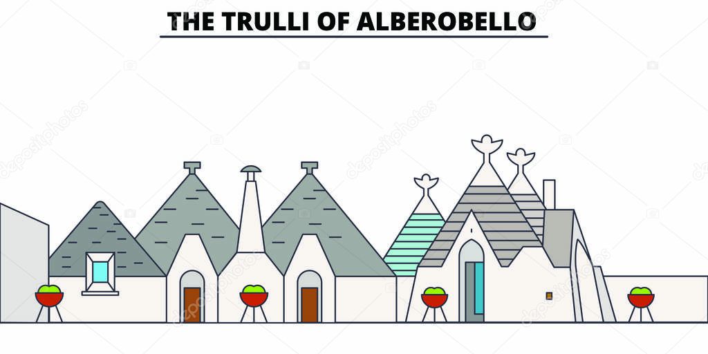 The Trulli Of Alberobello  line travel landmark, skyline, vector design. The Trulli Of Alberobello  linear illustration. 